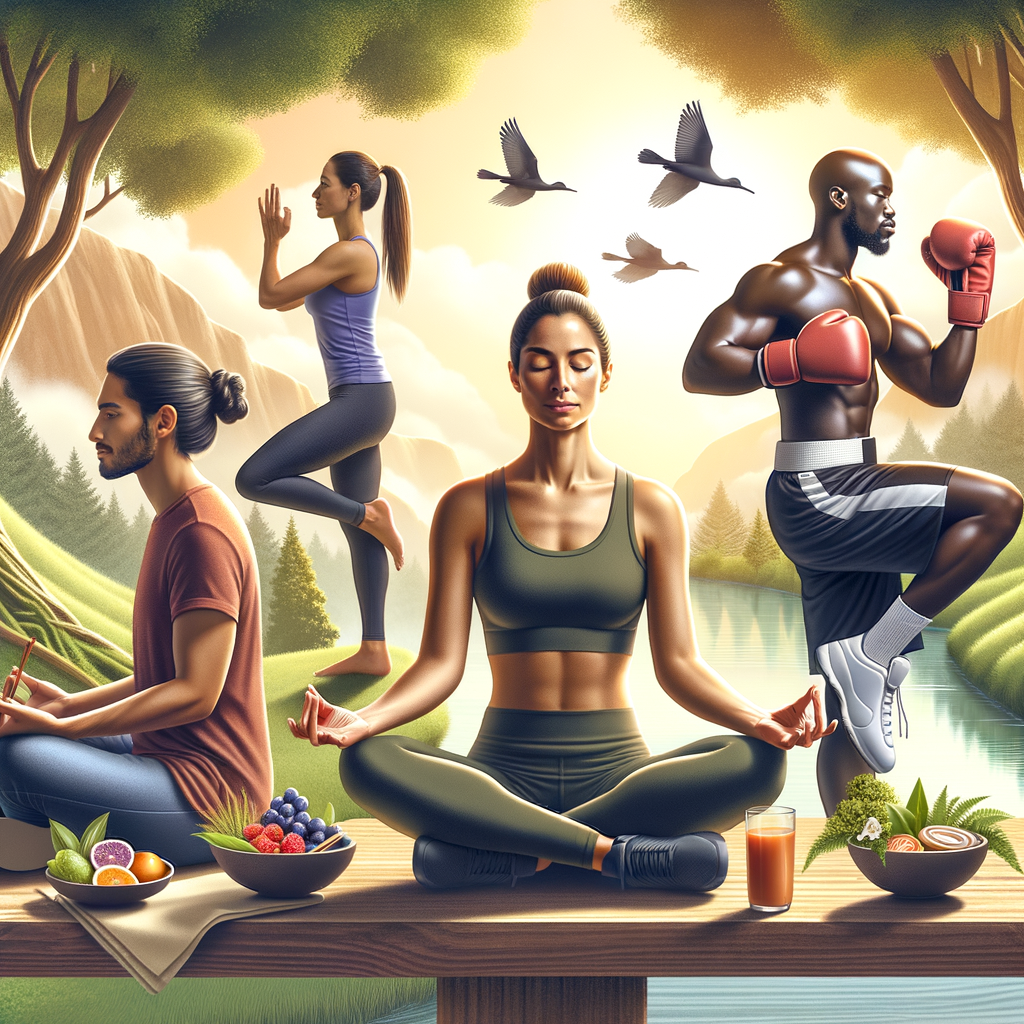 Diverse group practicing holistic wellness techniques like yoga and meditation, prioritizing well-being beyond kickboxing, showcasing holistic health benefits and the importance of health beyond physical activity.
