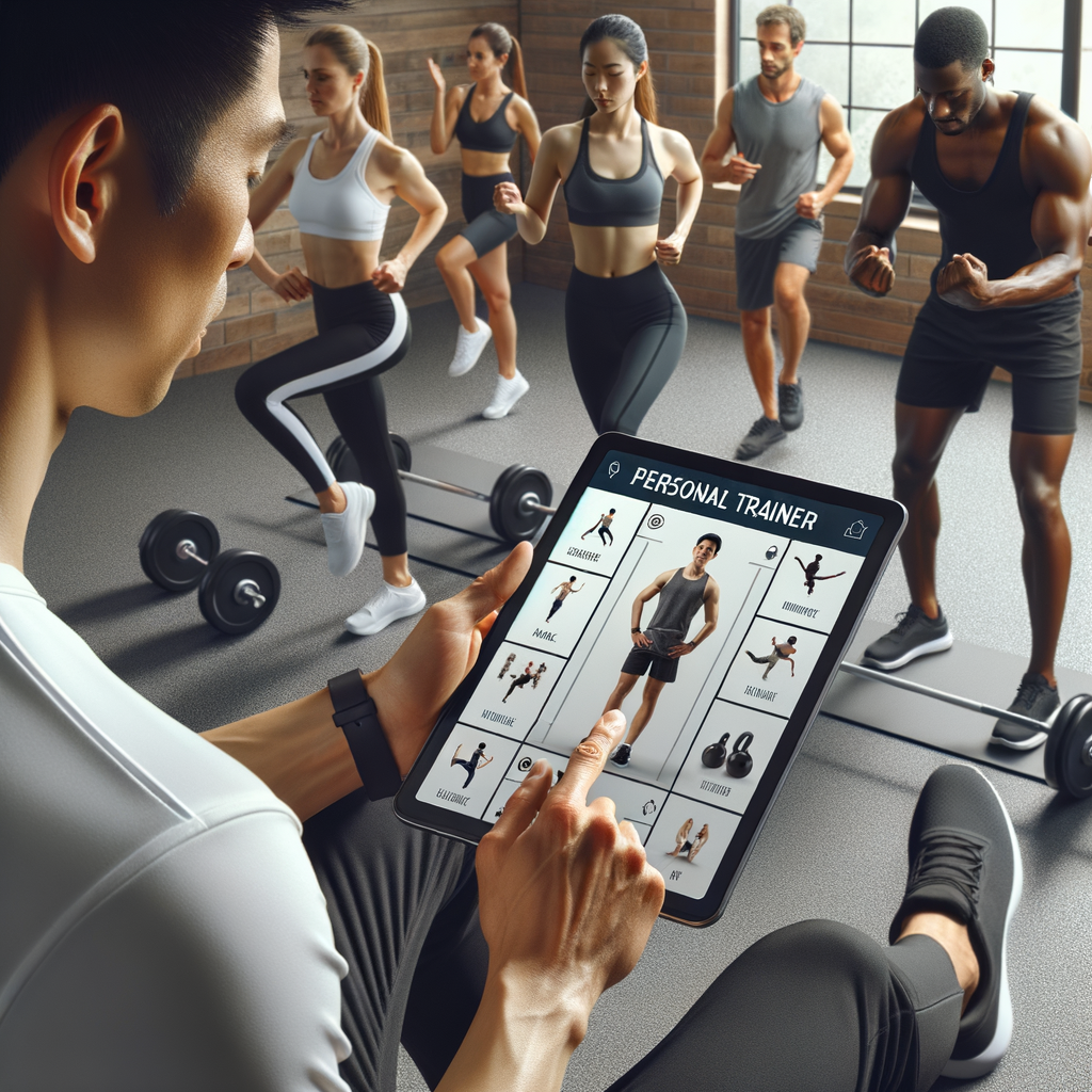 Personal trainer creating personalized fitness programs and tailored workout plans on a tablet, with individuals achieving their individualized fitness goals through personal training sessions in the background.