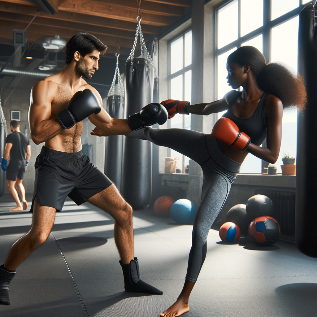 Kickboxing duo demonstrating effective techniques and partner exercises during an intense training session, showcasing essential tips for kickboxing partners.
