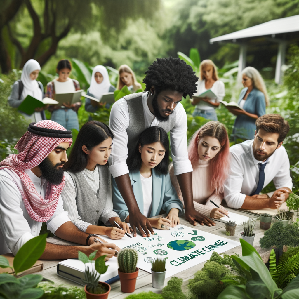 Diverse professionals engaging in environmental training, demonstrating climate change awareness and adaptation to sustainable training conditions in a green setting, promoting environmental consciousness and sustainability awareness through environmental education.