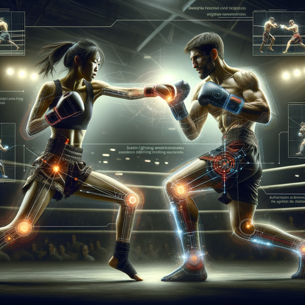 Two professional kickboxers in a thrilling showdown at a World Kickboxing Championship match, providing an inside look into the strategy and intensity of top-tier kickboxing competitions with fight analysis overlay.