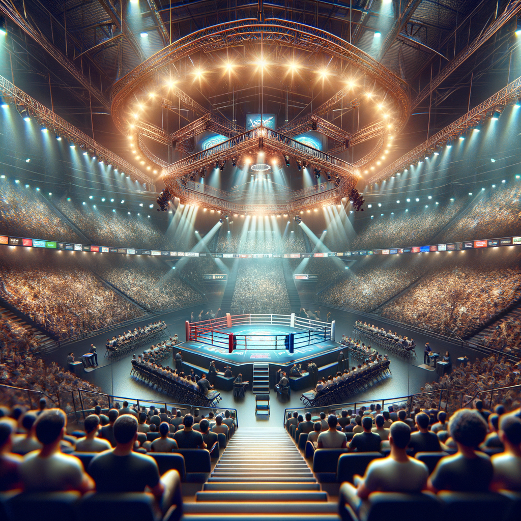 High-resolution image of a kickboxing competition venue, showcasing the detailed battlefront layout, audience seating, and lighting for kickboxing battle insights and venue details.