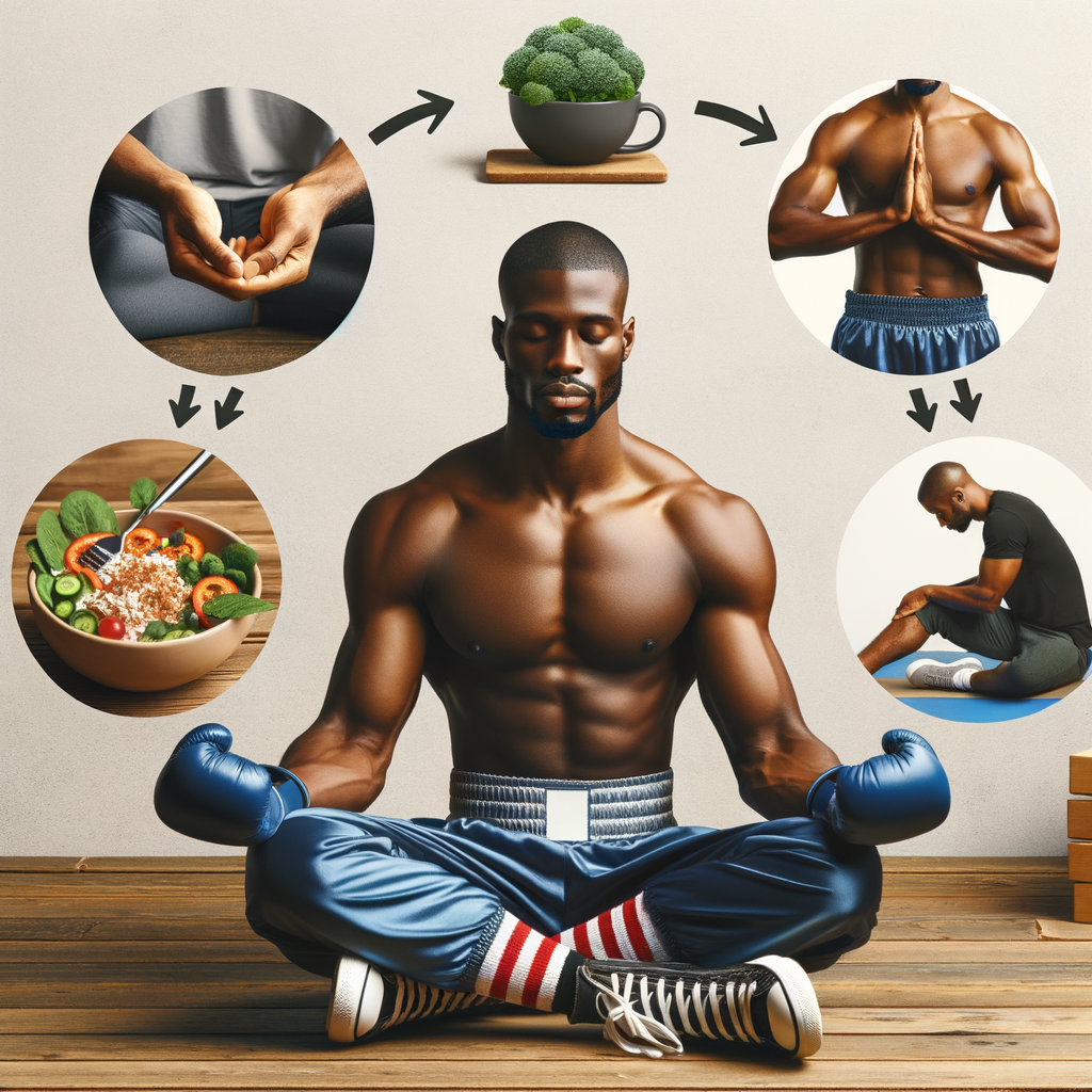 Kickboxer practicing self-care routines like meditation and healthy eating at home, demonstrating strategies for maintaining health in kickboxing and emphasizing the importance of well-being in combat sports.