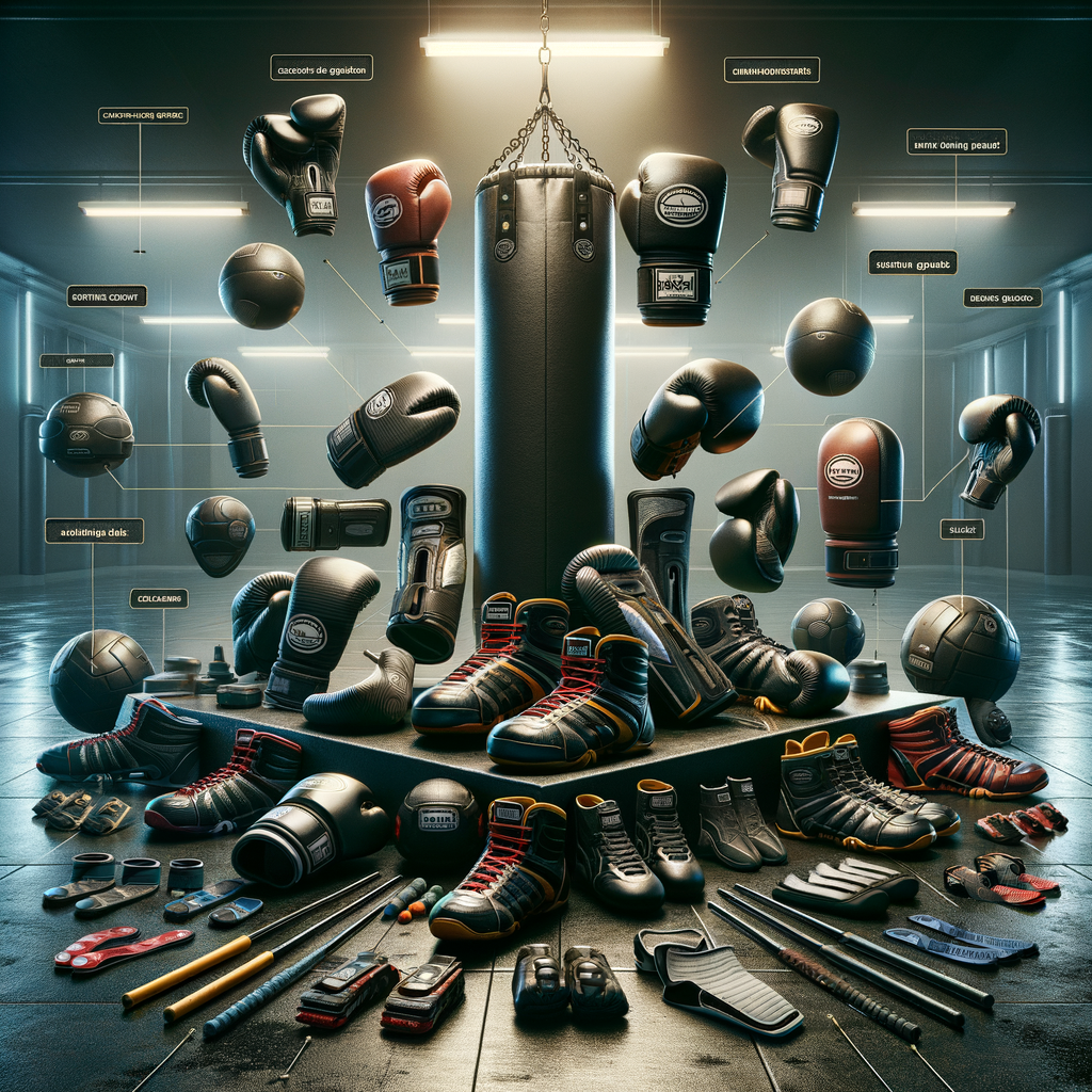 Kickboxing gear essentials neatly arranged, including gloves, shin guards, mouth guards, and punching bags, highlighting the must-have kickboxing training equipment for professional practice.