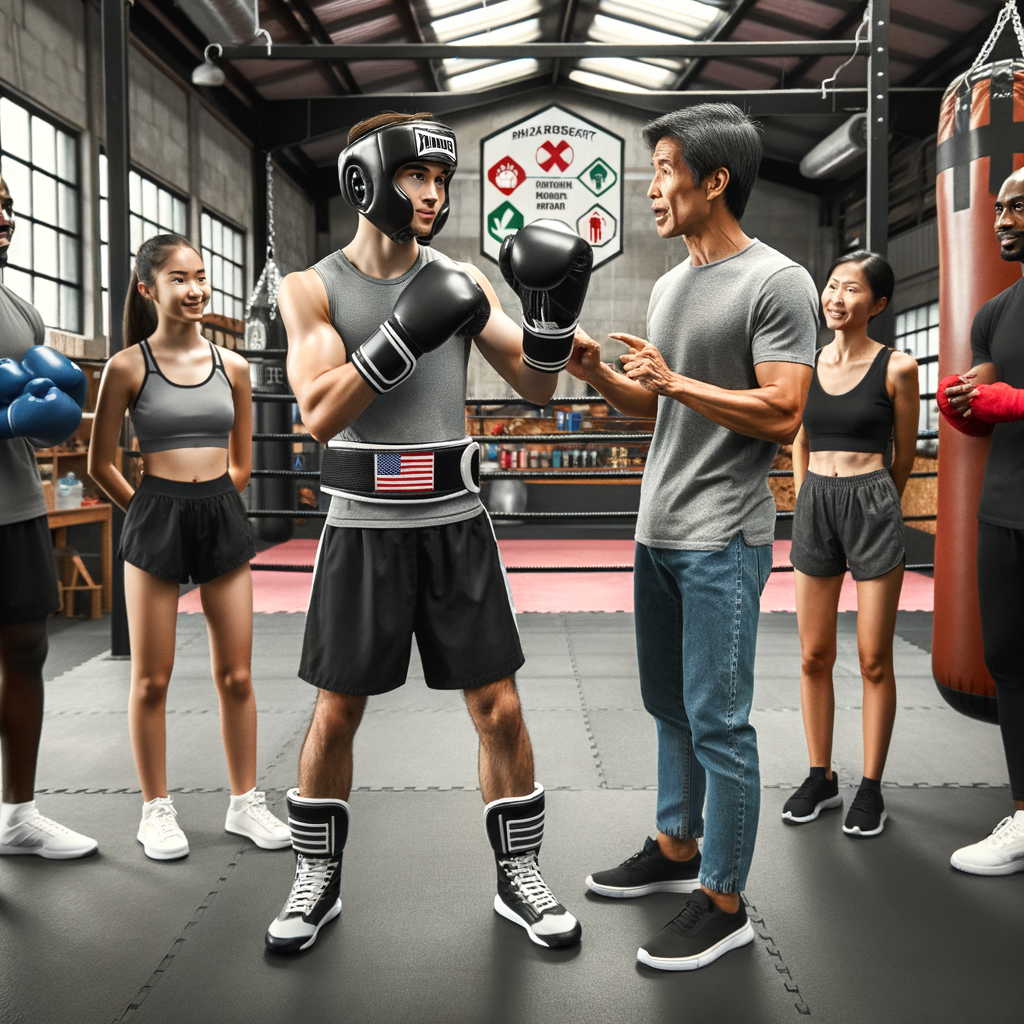 Professional kickboxer demonstrating essential kickboxing safety tips and injury prevention practices in a gym, emphasizing on proper gear, correct form, and warm-up exercises for injury-free kickboxing.