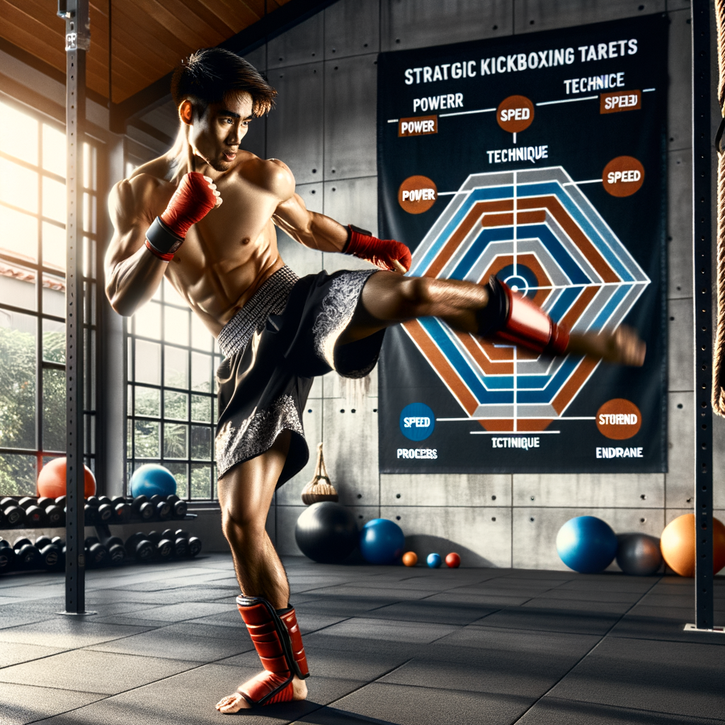 Professional kickboxer demonstrating kickboxing improvement and skill development mid-kick in a gym, with a goal chart illustrating the concept of setting kickboxing targets for performance enhancement and achieving kickboxing goals.