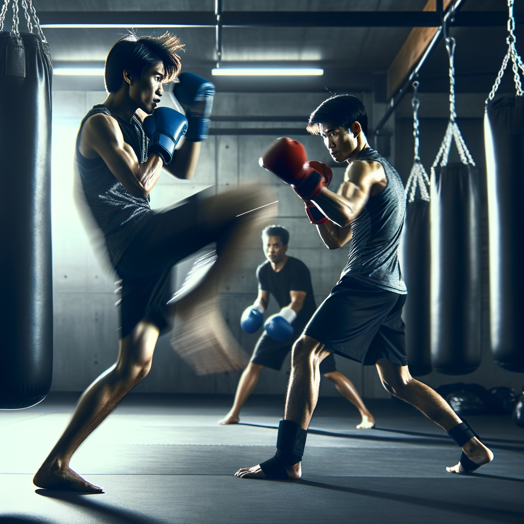 Professional kickboxer demonstrating advanced kickboxing techniques and drills during an intense workout, showcasing the dynamics and strategy of perfecting kickboxing skills for improved performance.