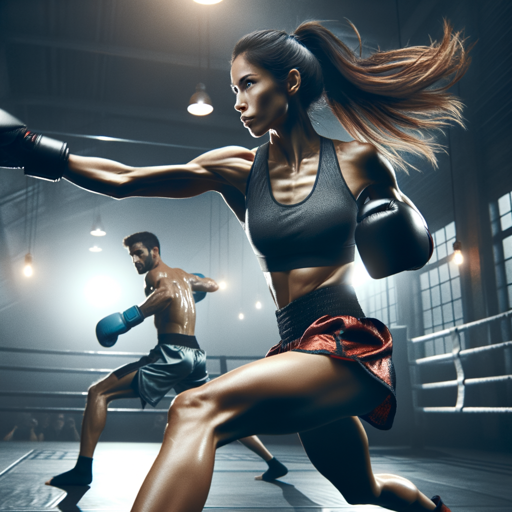 Professional kickboxer employing strategic moves in a high-stakes match, demonstrating tips and strategies from an Insider's Guide to Navigating Kickboxing Tournaments.