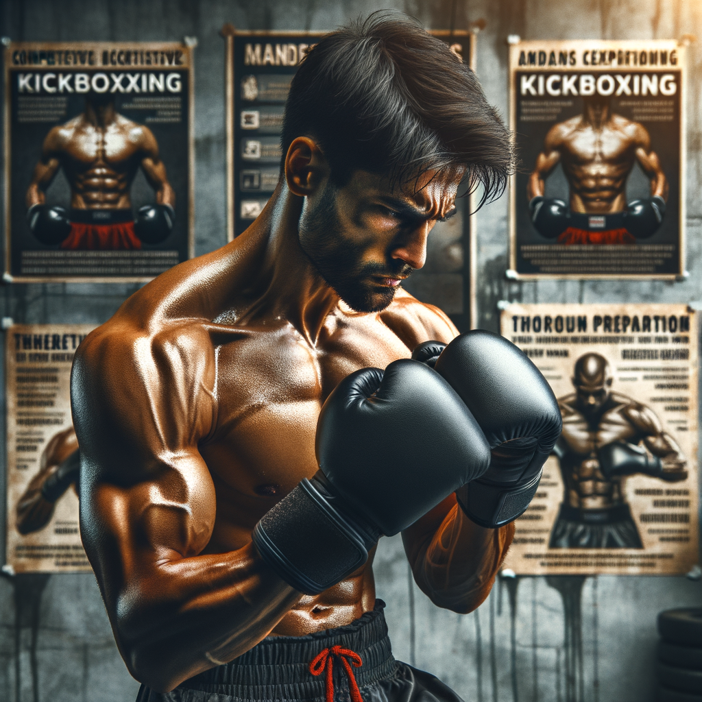 Kickboxer demonstrating advanced kickboxing strategies and winning tactics during intense training session, with a competitive kickboxing guide in the background, symbolizing thorough preparation for success in kickboxing competitions.