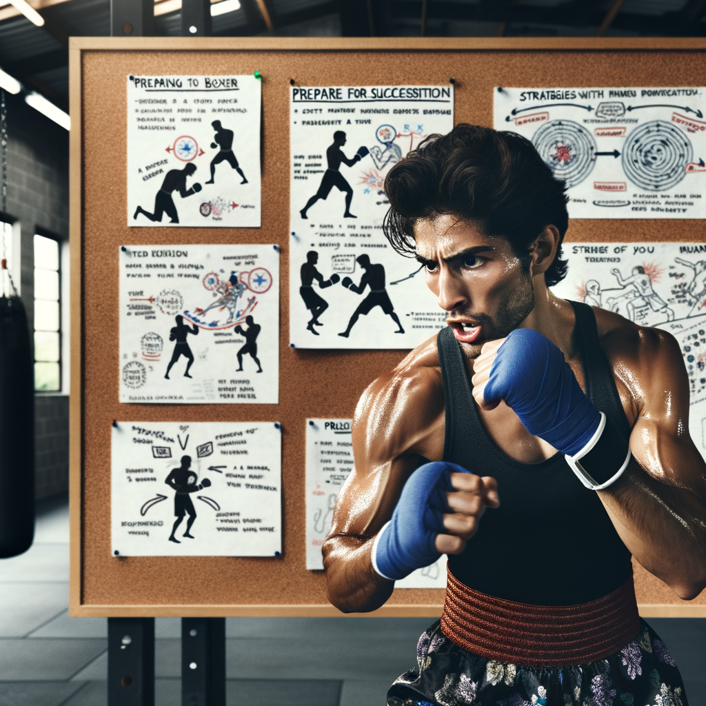 Professional kickboxer demonstrating successful techniques and strategies during high-intensity training, with a guide to kickboxing tournament preparation and winning tactics in the background.