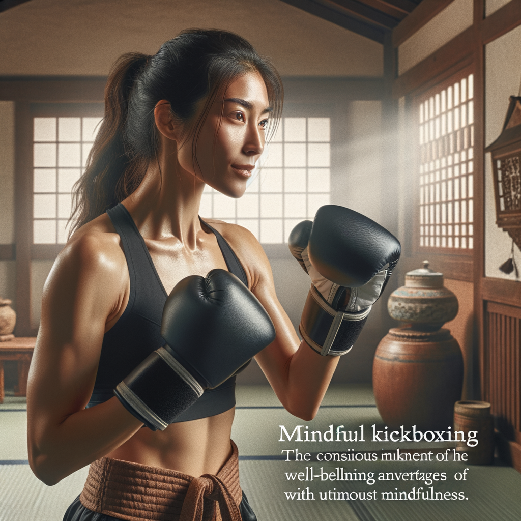 Professional kickboxer demonstrating mindful movement techniques in a serene dojo, showcasing the benefits of mindful kickboxing and the integration of mindfulness in kickboxing training.