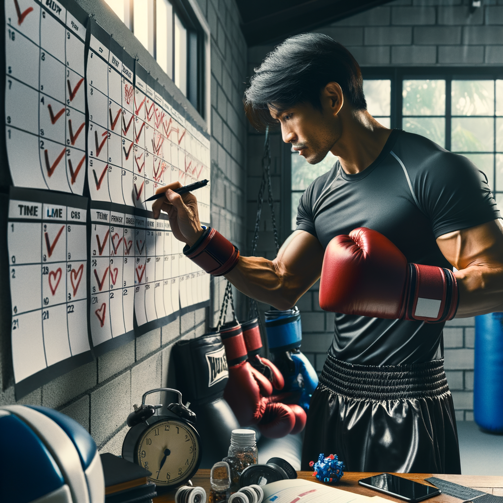 Athlete demonstrating time management techniques by scheduling his kickboxing training and balancing life and training, showcasing effective time management in sports and life balance with kickboxing.