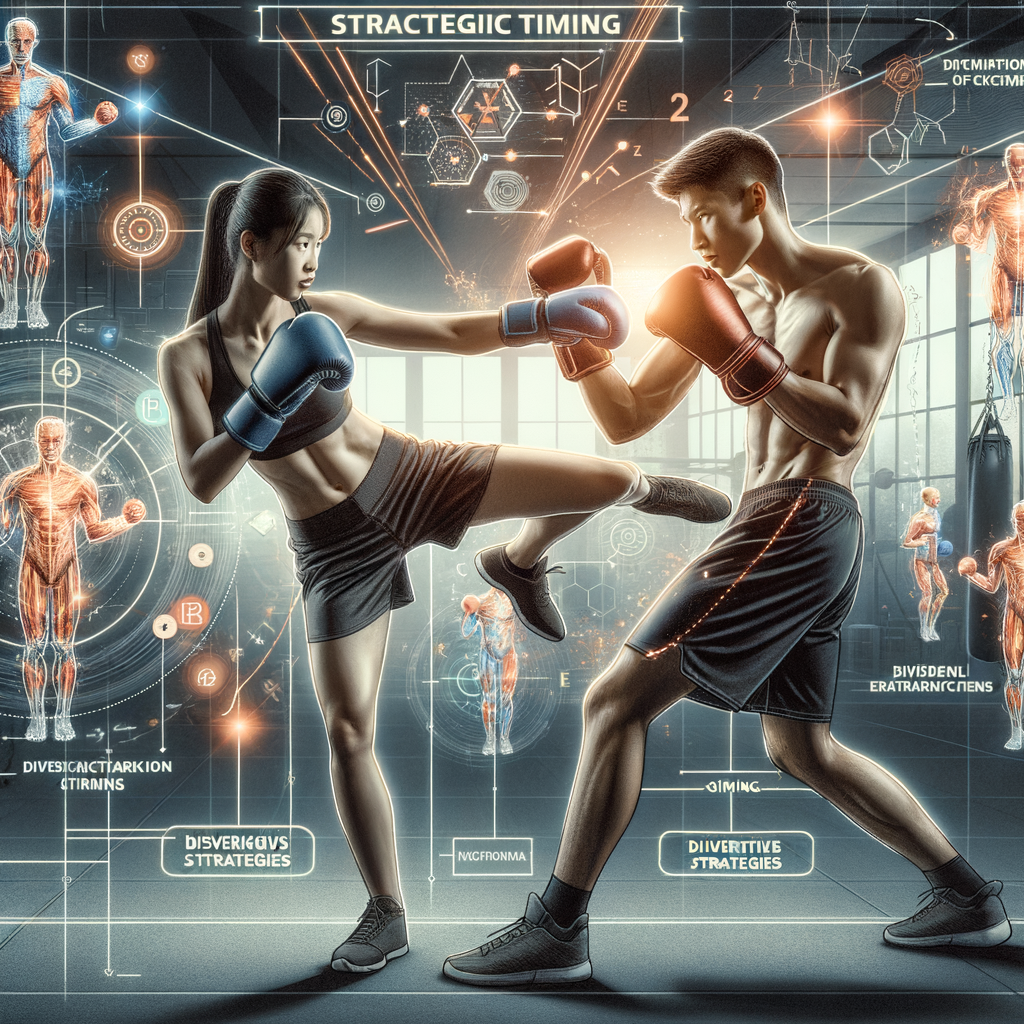 Kickboxing instructor teaching advanced techniques and strategic timing in kickboxing to a student in a training gym, with annotations and diagrams illustrating the essence of kickboxing and martial arts strategies.