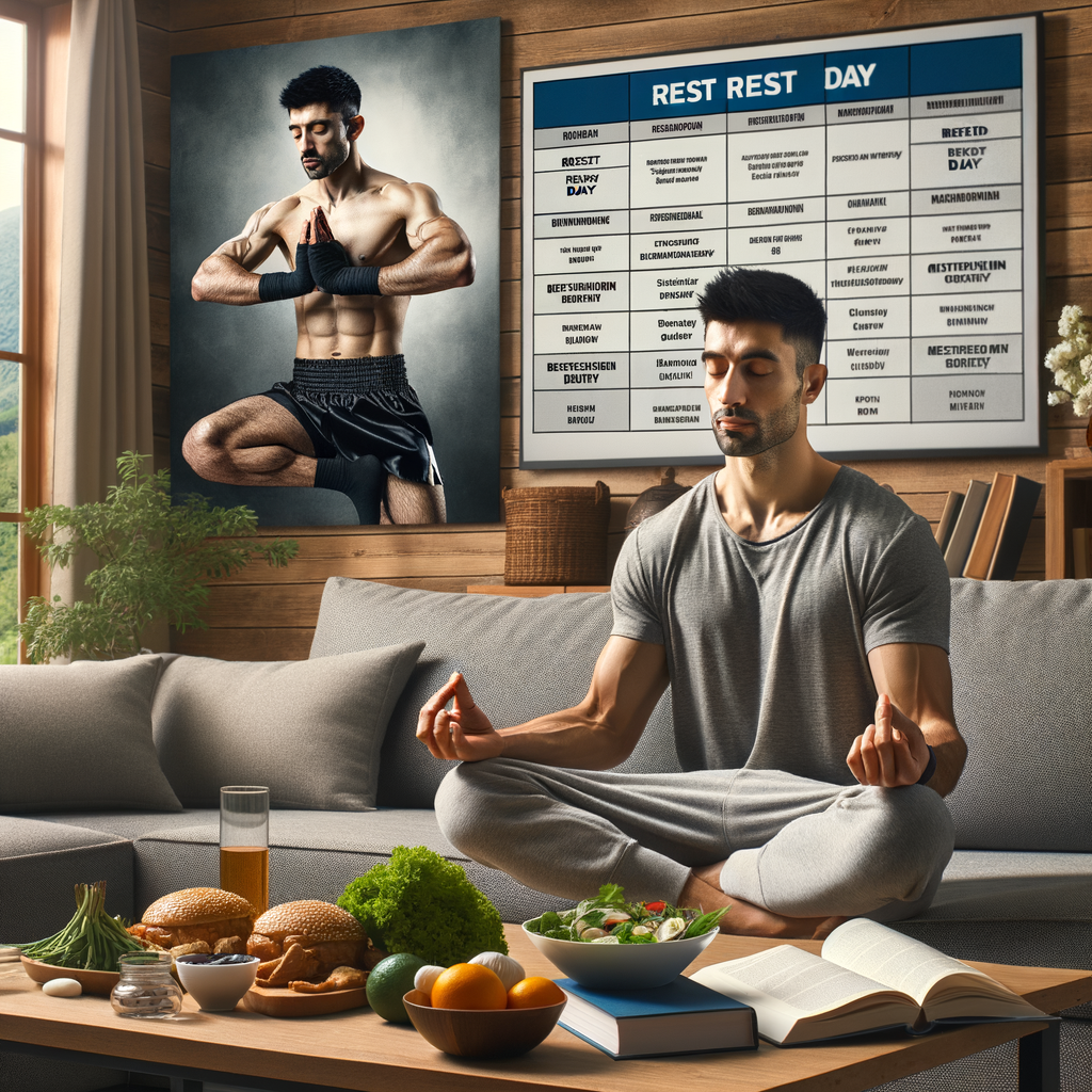 Kickboxer practicing recovery strategies like meditation and stretching on rest day, with elements like training schedule, book on kickboxing recovery techniques, and nutritious food highlighting rest day routines for optimized kickboxing training recovery.