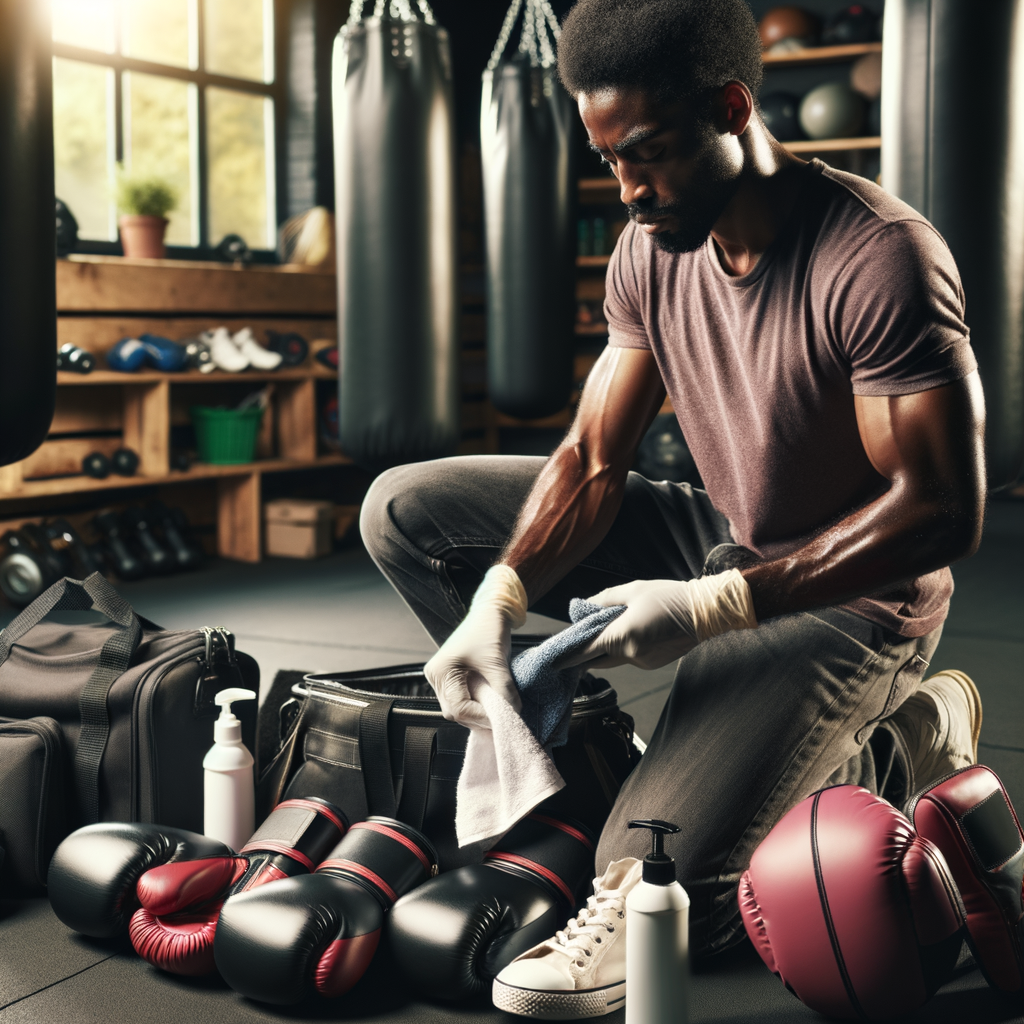Kickboxing trainer demonstrating equipment maintenance and gear care for preserving kickboxing gear and ensuring longevity of kickboxing equipment in a gym setting.