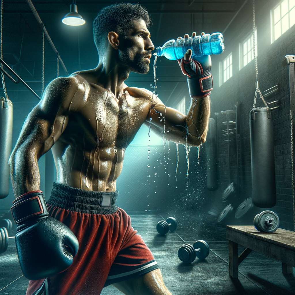 Kickboxer practicing hydration strategies during workout, reaching for a refreshing sports drink, demonstrating hydration hacks for athletes and the importance of staying hydrated during kickboxing workouts.