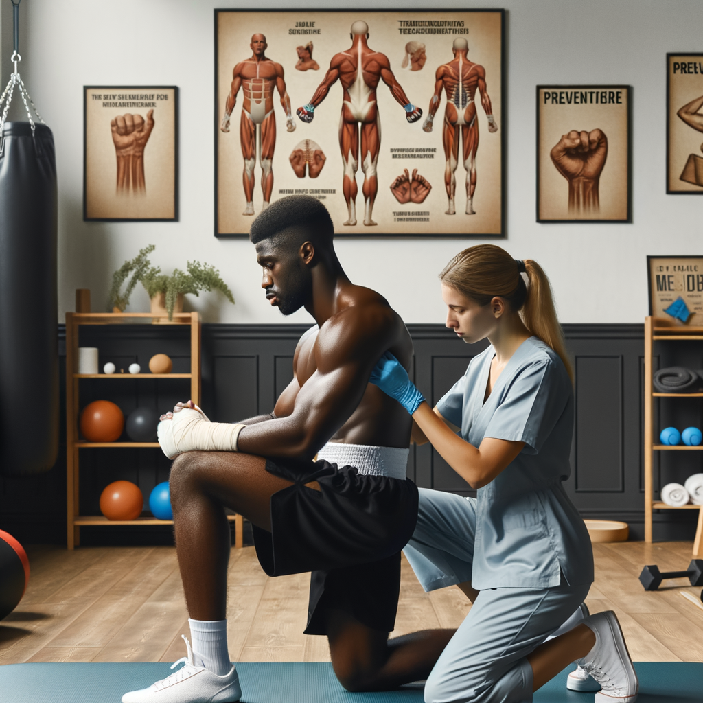 Kickboxer undergoing rehabilitation for injury management, showcasing treatment and prevention methods for overcoming setbacks in kickboxing.