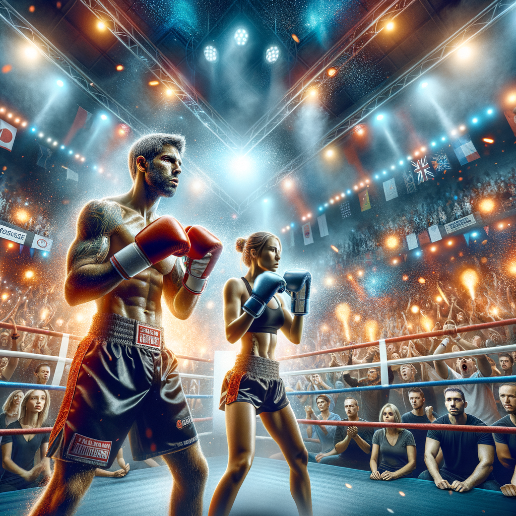 Intense atmosphere at a kickboxing competition, showcasing the vibrant energy of the crowd and the focused determination of fighters inside the kickboxing arena.