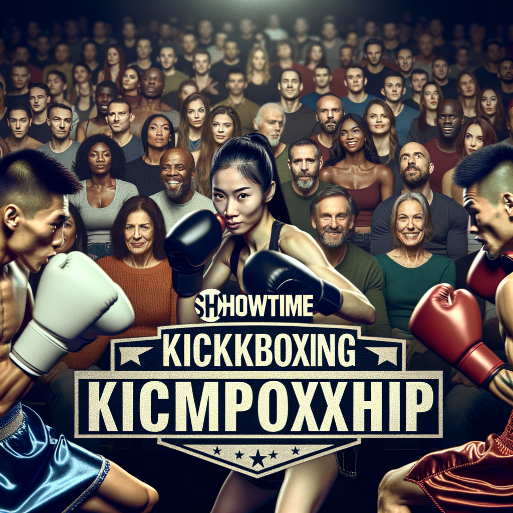Competitive kickboxers in action at a Showtime kickboxing tournament, showcasing the excitement of competition day kickboxing with a captivated audience and prominent Showtime boxing logo.