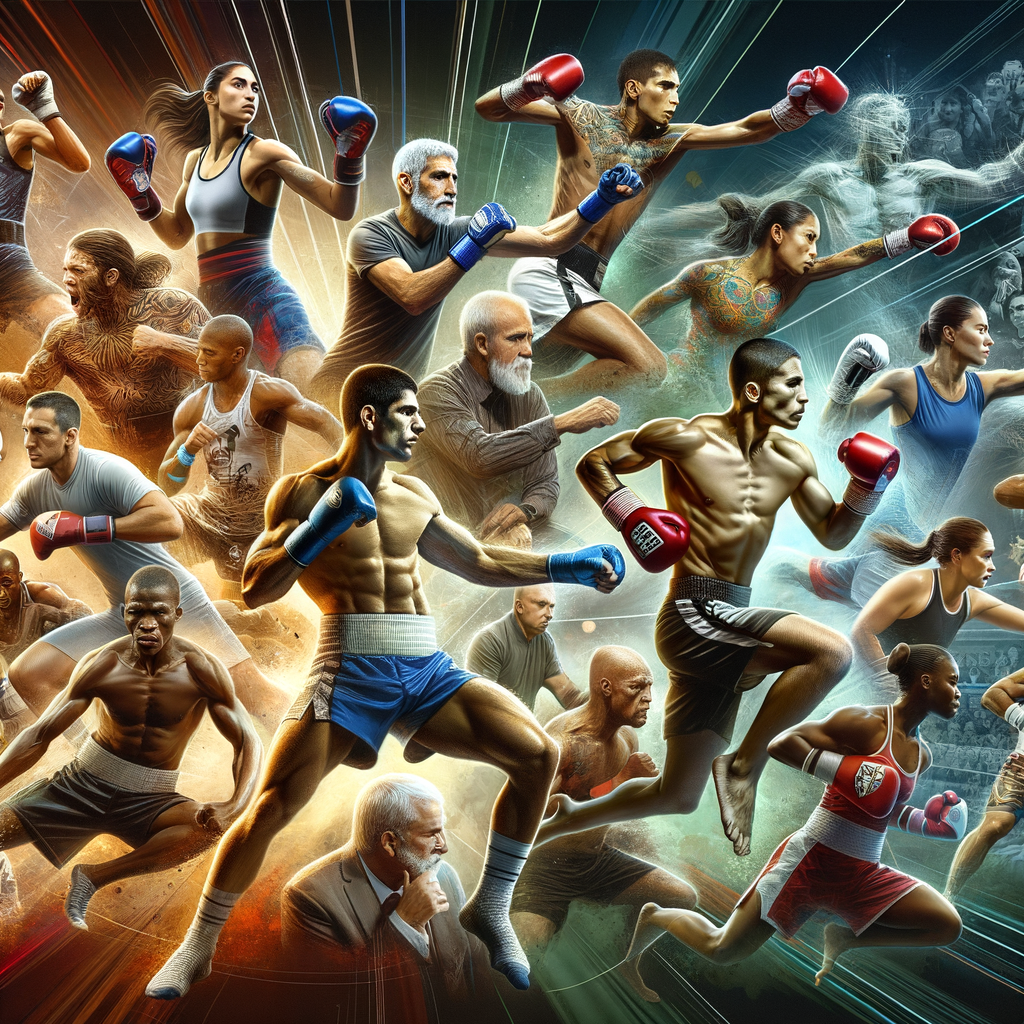 Collage of legendary kickboxers in iconic moments from famous matches, illustrating the intense power and notable moments in kickboxing competition and championship history.