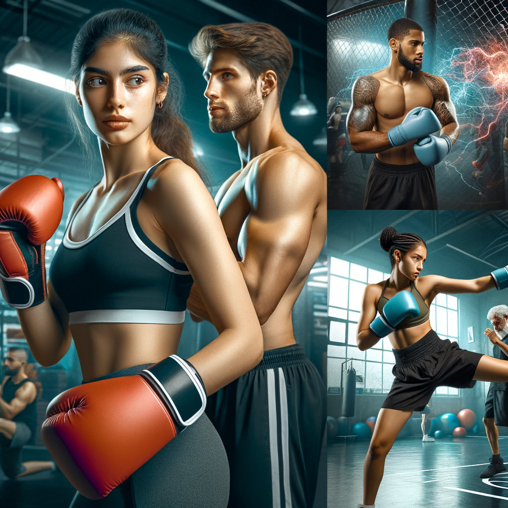 Kickboxing athletes performing warm-up exercises with protective gear, emphasizing injury prevention and safe techniques under a coach's guidance.