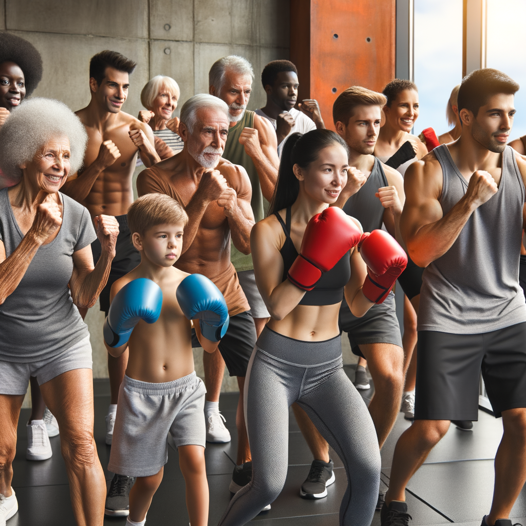 A diverse group of people, including seniors, kids, and beginners, engaged in a kickboxing workout in a modern gym, highlighting kickboxing fitness and its health benefits for all ages.